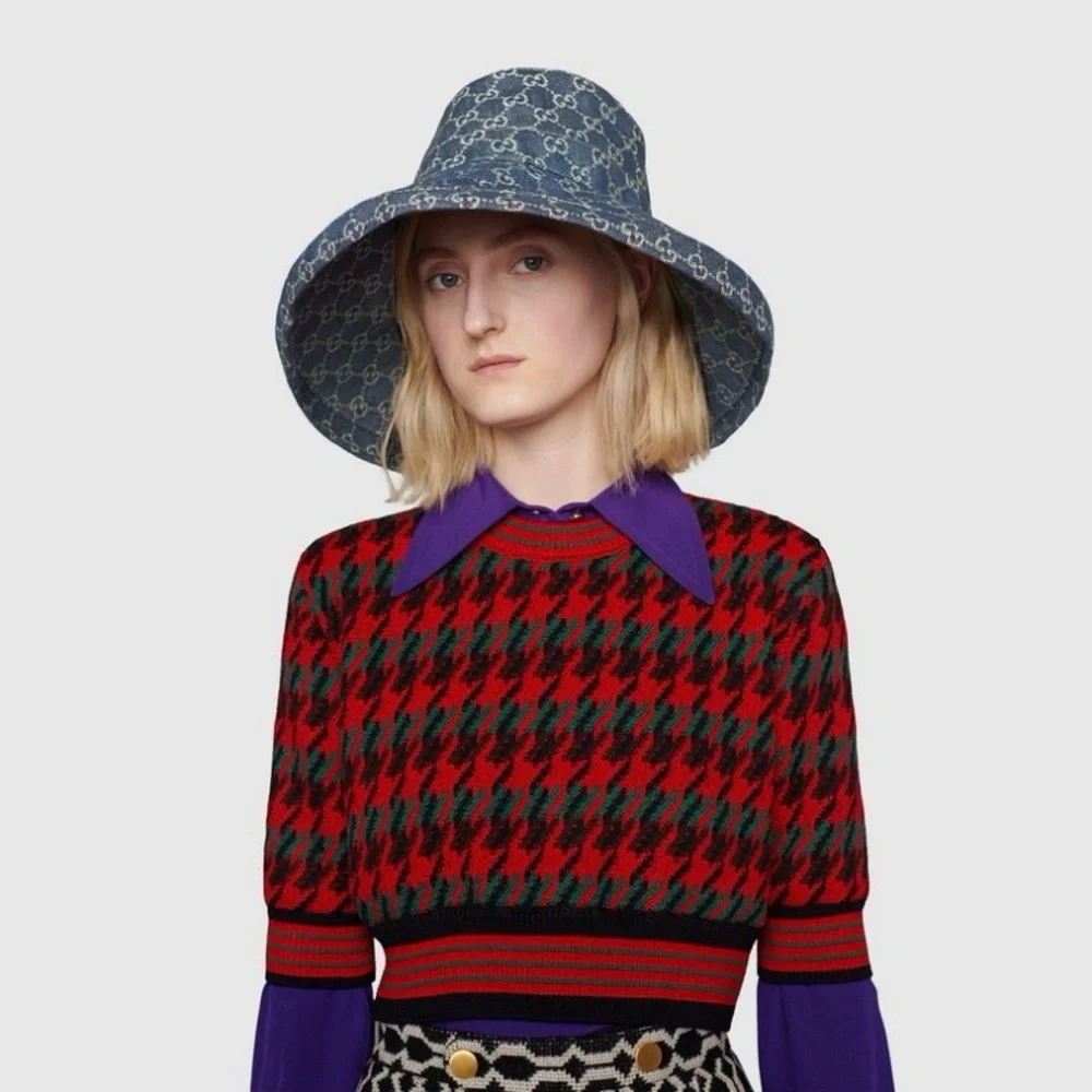 Gucci Bucket Hat GG Monogram Wide Large Brim Jacquard Canvas Denim New - Picture 10 of 11